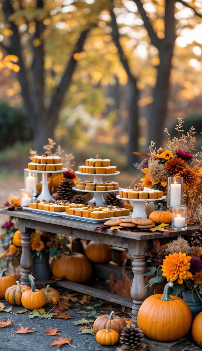 A rustic outdoor table with pumpkin spice desserts and autumn decorations at a fall wedding.